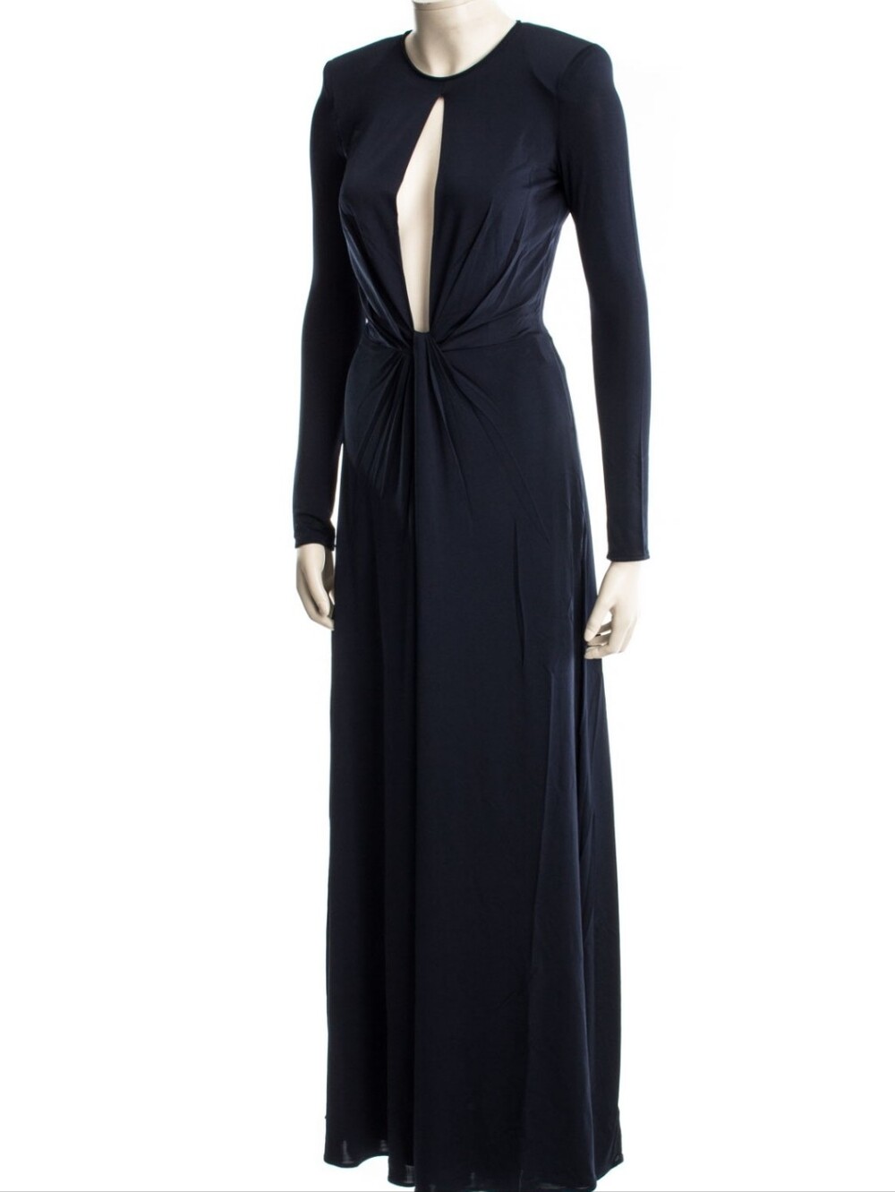 ISSA Navy Twisted Knot Waist Deep Plunge Open Front Back Maxi Evening Gown US 10